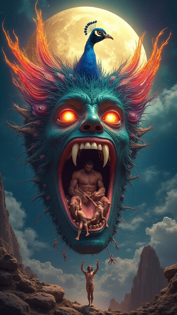 Mutant Peacock Man Before Fractal Face, Celestial Scene