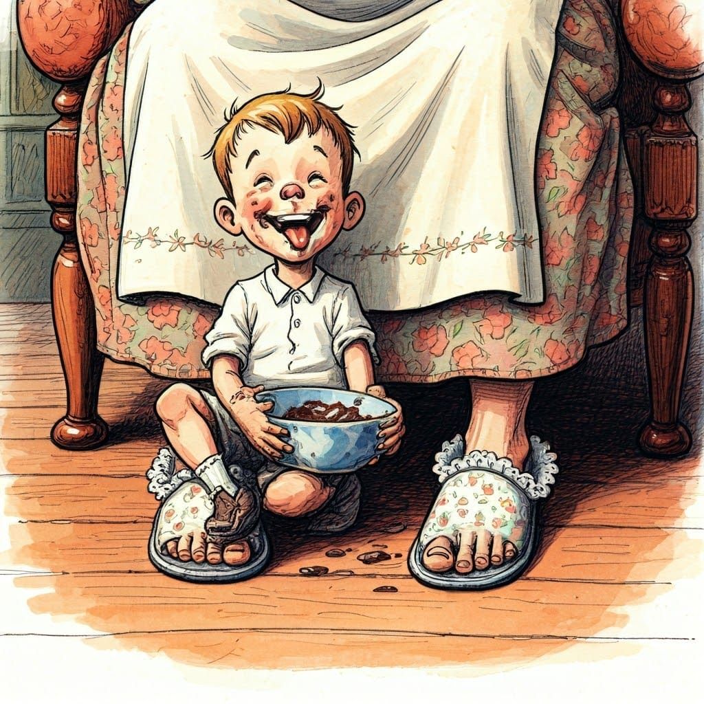 Whimsical English Sitting Room Scene with Young Boy and Gran...