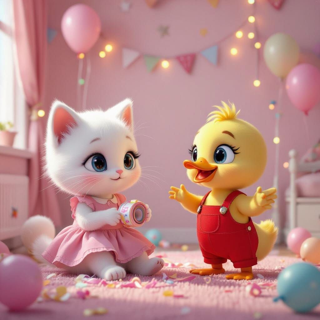 Whimsical Kitten Bedroom Adventure with Duckling Friend