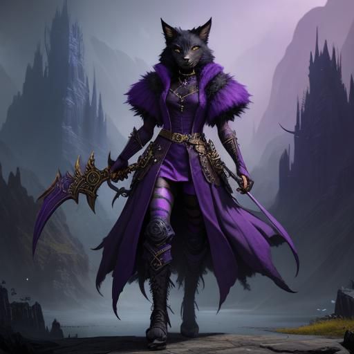 Black Catfolk in Purple Clothes: Fantasy Art