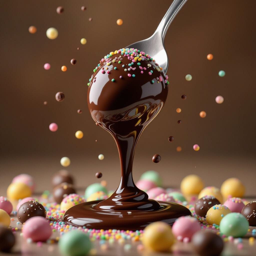 Vibrant Ice Cream Dots Dipping Into Dark Chocolate