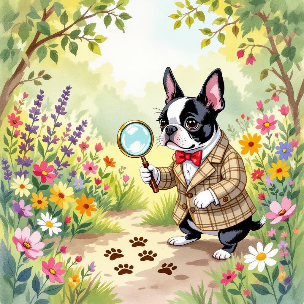 Boston Terrier Detective Investigates Garden in Storybook St...