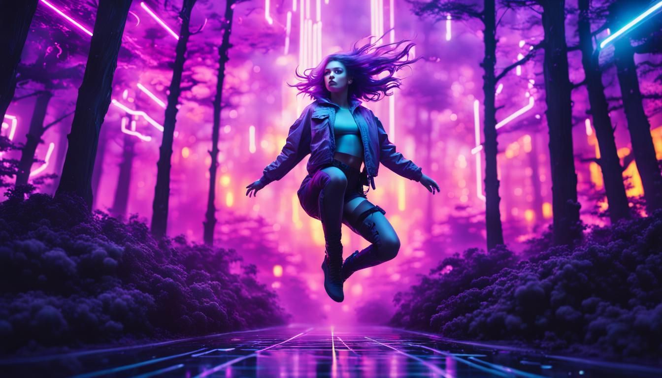 Dreamy Cyberpunk Girl Flying in Surreal World