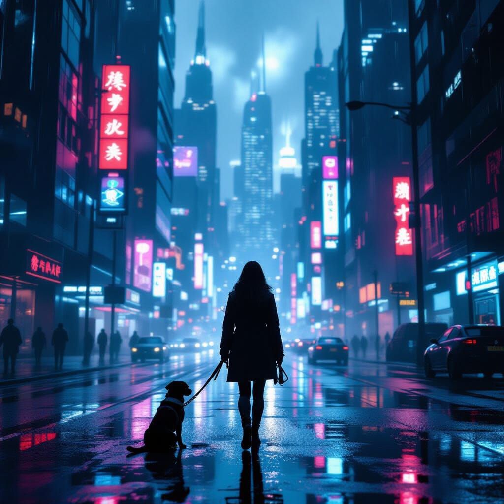 Cyberpunk City Noir: Woman on Wet Street