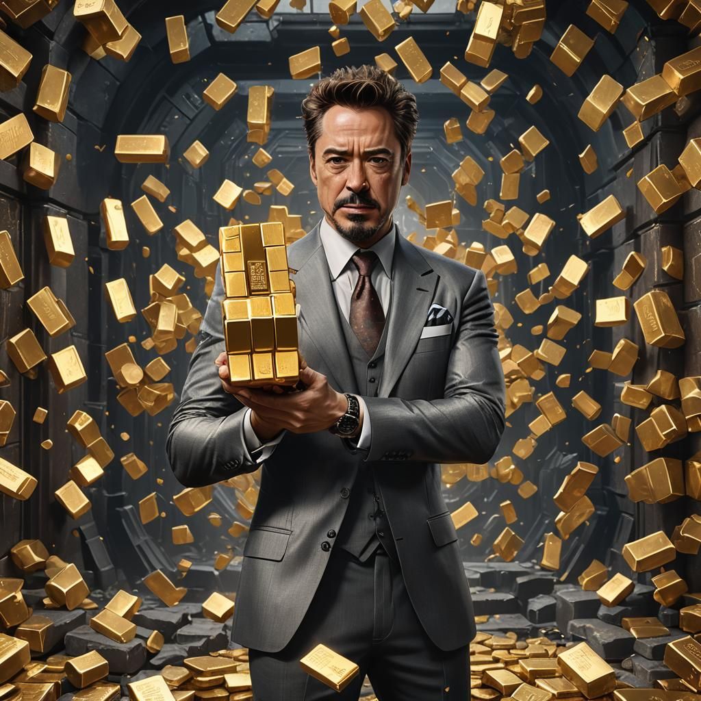 Tony Stark Holding Gold Bar in Detailed Digital Art