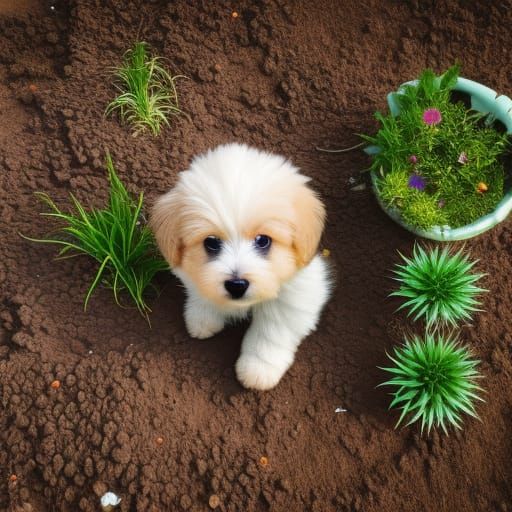 Cute Puppy Digging in Beautiful Garden