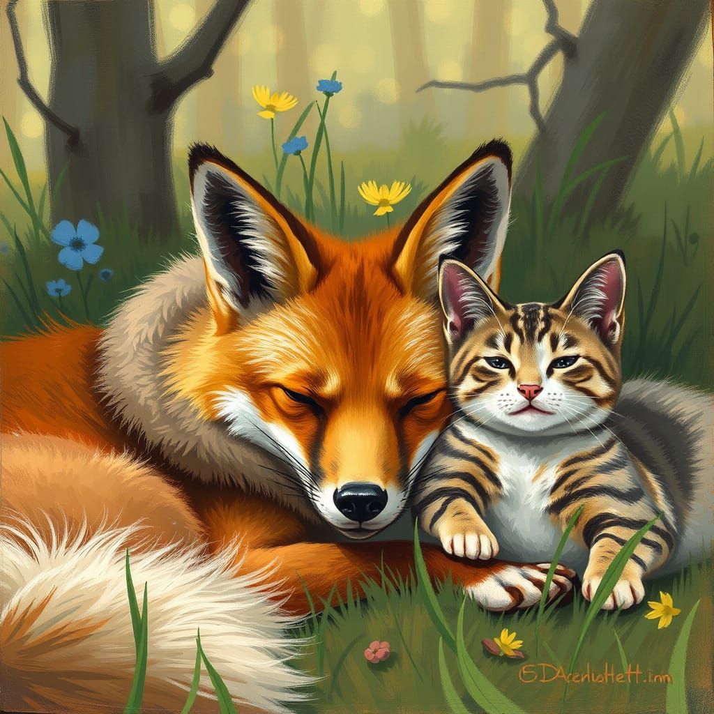 Sleeping Red Fox with Cat and Dog, Impressionistic Style