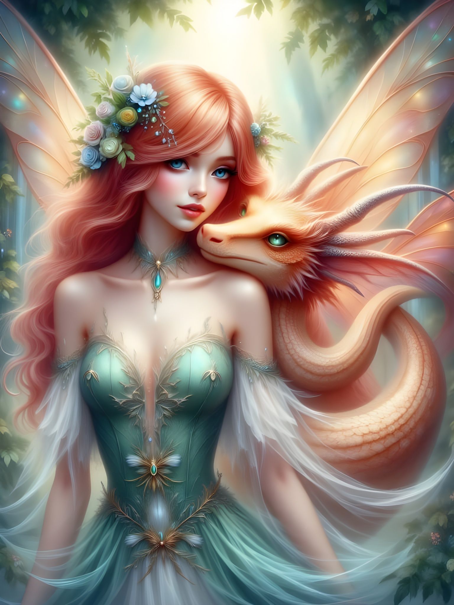 Enchanting Fairy with Dragon Companion in Cartoon Style