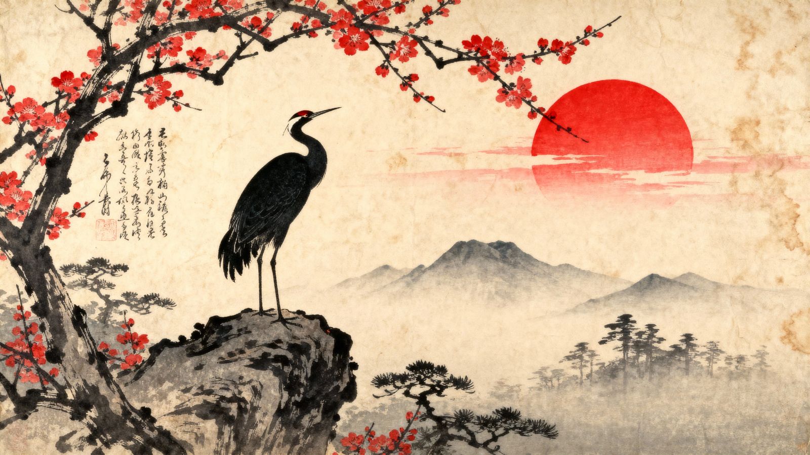 Japanese Crane at Sunrise in Hokusai & Shinoda Style