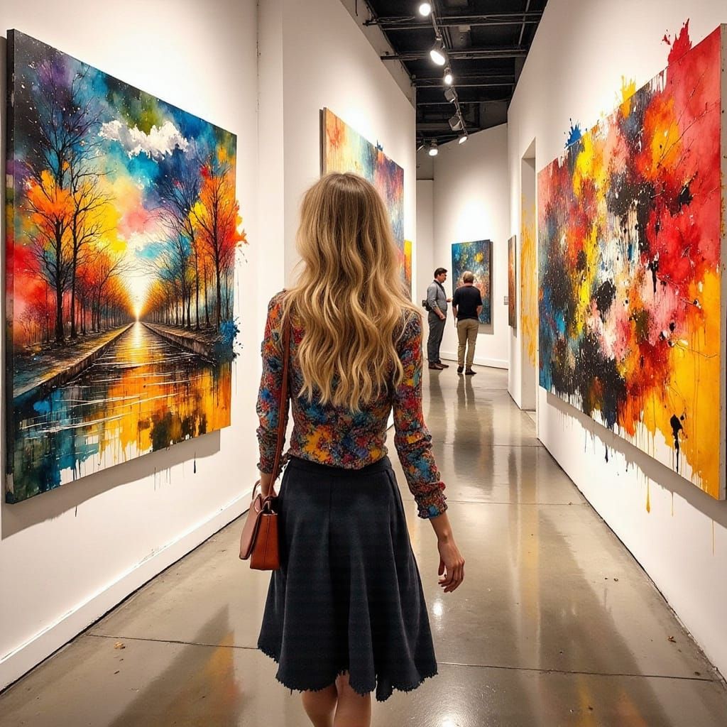 Woman in Art Gallery with Abstract Expressionist Art