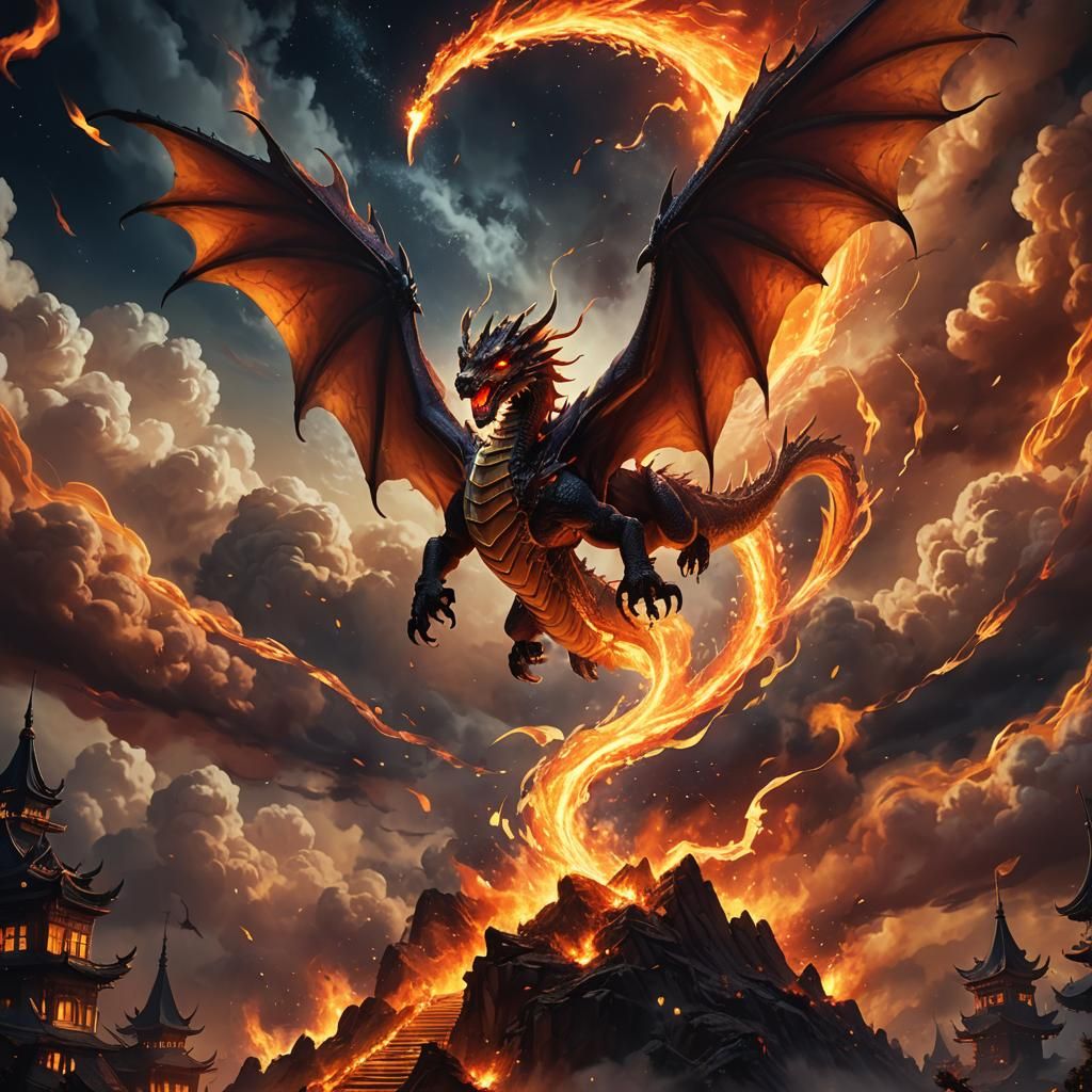 Fire Dragon Soaring Through Night Sky