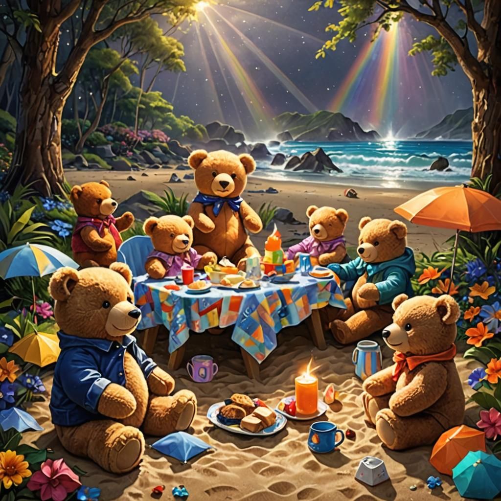 Teddy Bear Picnic in Holographic Astral Art Style