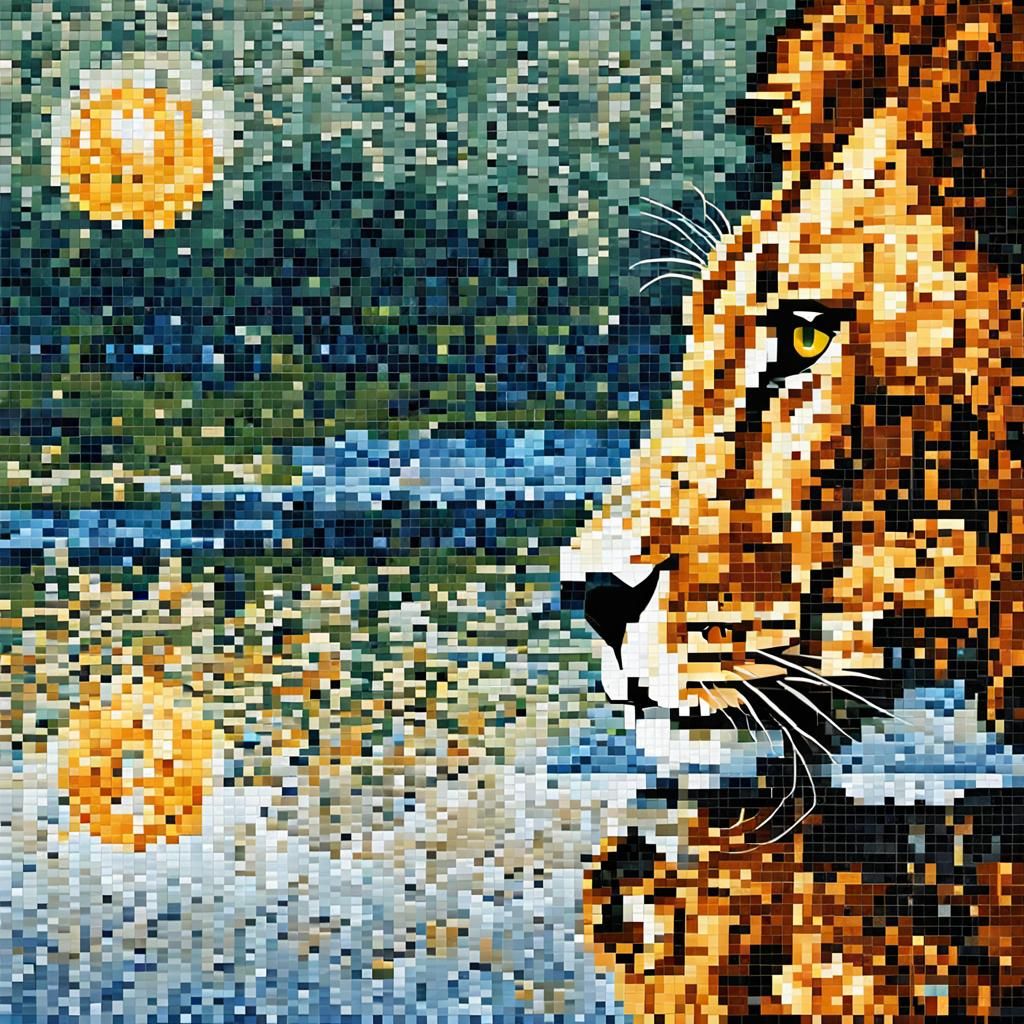 High detailed lion drinking water and a little kitten in the...