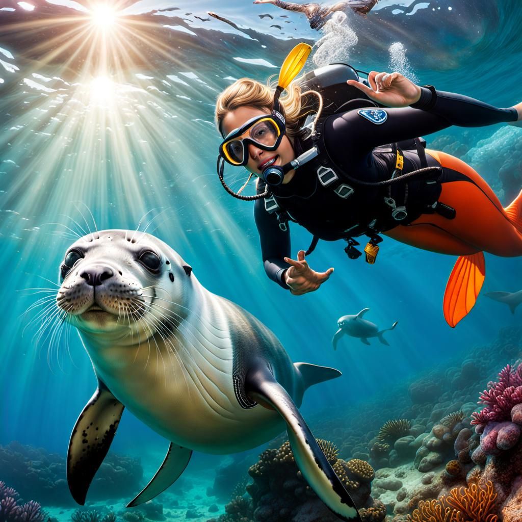 Playful Seals Photobomb Diver in Comic Book Art