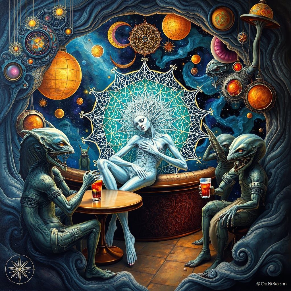 Bizarre Space Cafe Scene in Sacred Geometry Style