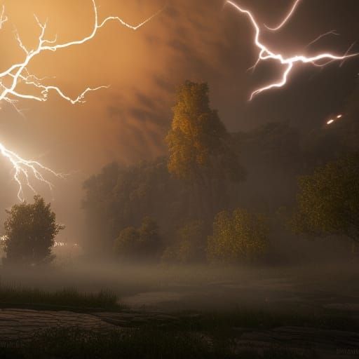 Epic Lightning Storm on Misty Island, 3D Render