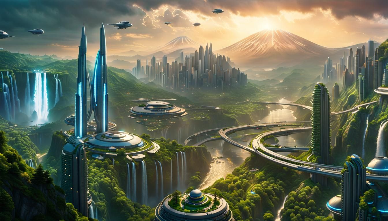 Lush Sci-Fi Cityscape with Waterfalls and Flying Vehicles