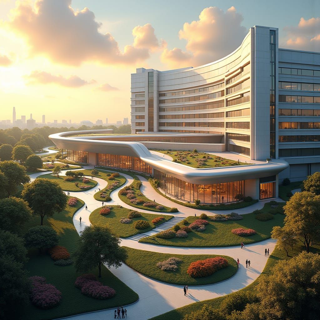 Modern Hospital Complex at Sunset in Concept Art Style