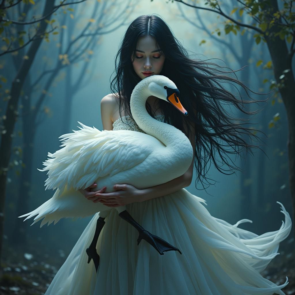 Gothic Woman with Swan in Dreamlike Landscape