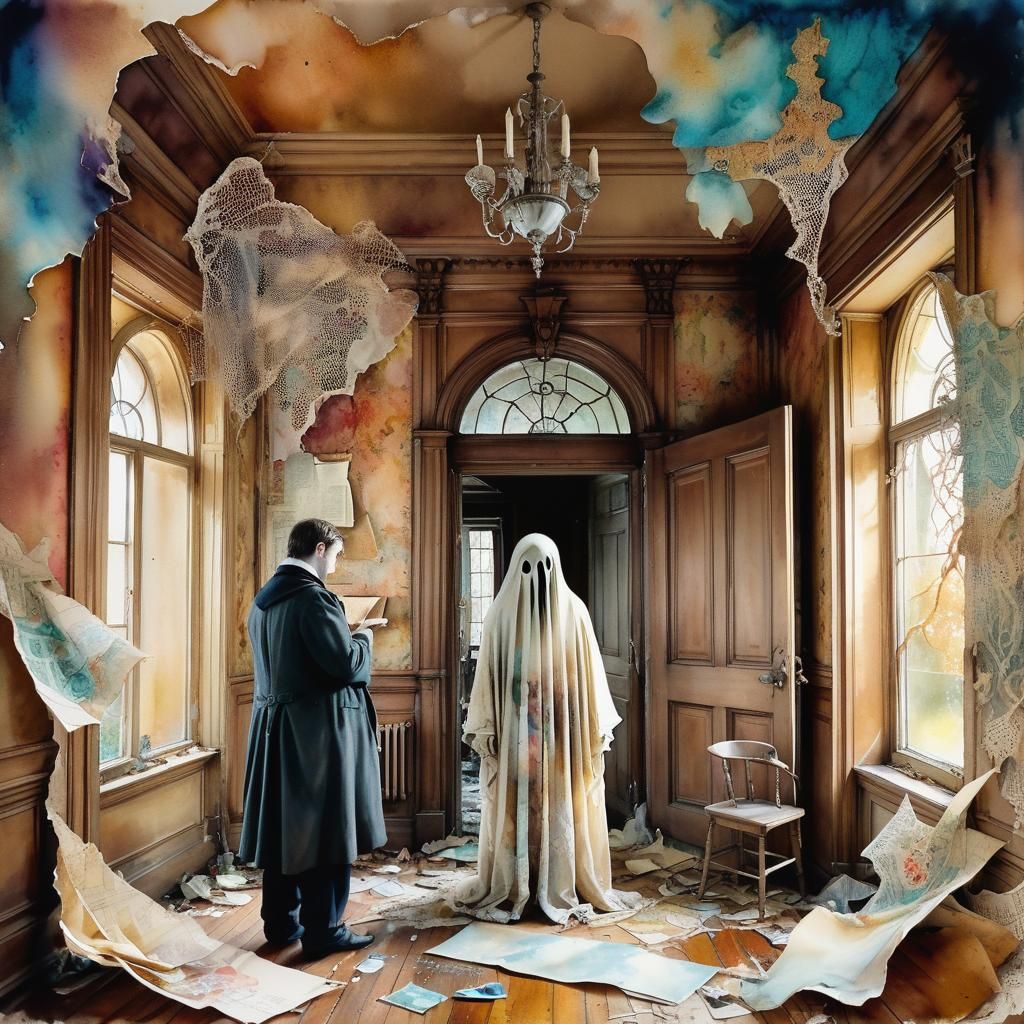 Ghost Investigation in Haunted Mansion, Watercolor Painting