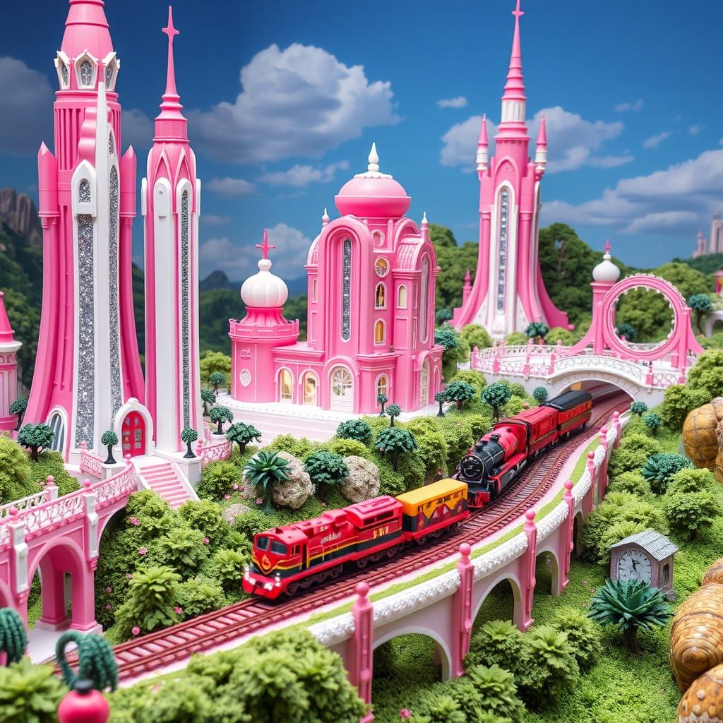 Trains in Whimsical Barbie World Landscape