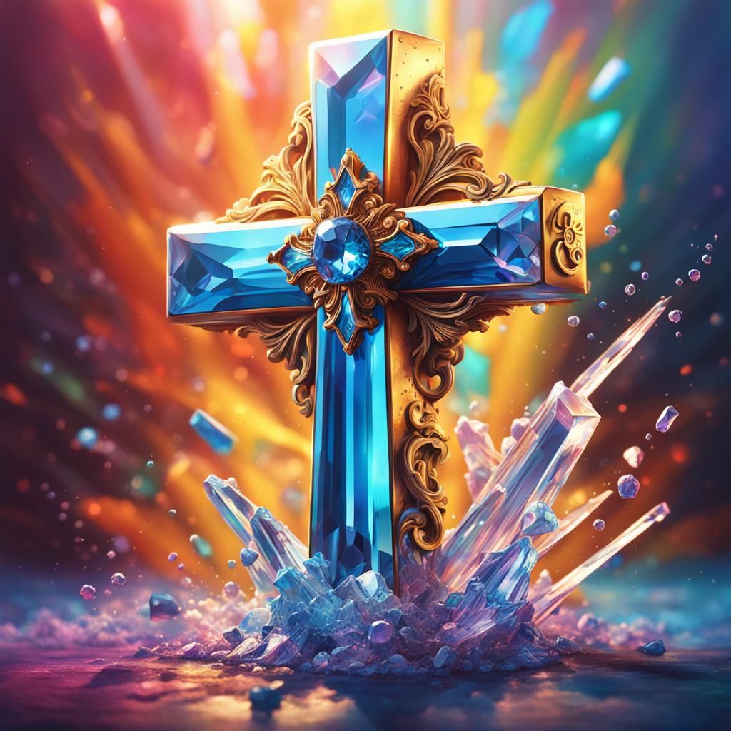 Hyperrealistic Crystal Cross in Splash Art Style
