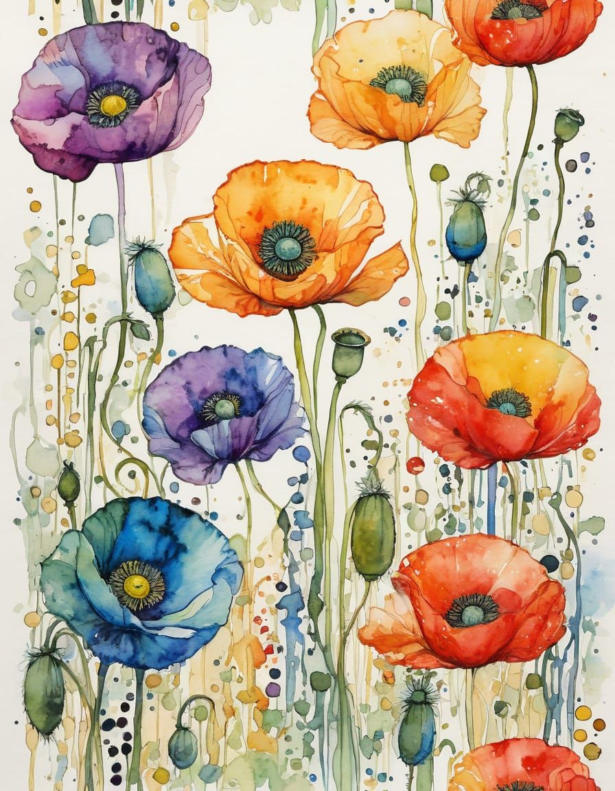 Rainbow Poppy in Gustav Klimt Style