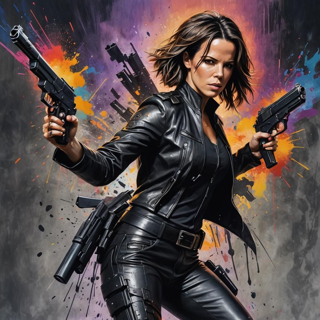 Woman in Leather Outfit with Guns: Hyperrealistic Art