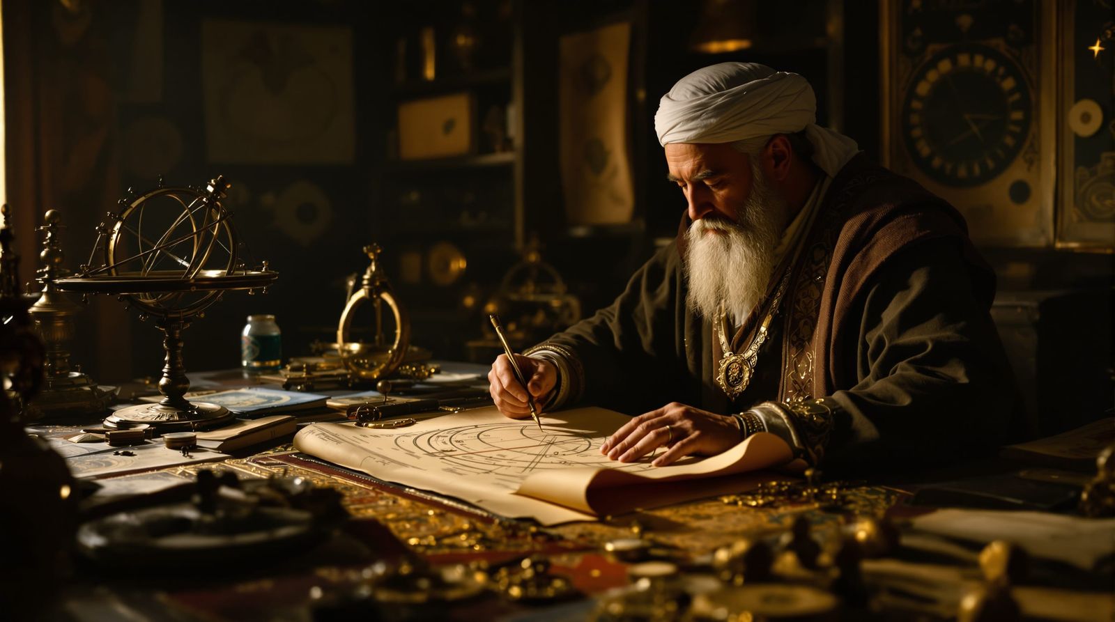 Islamic Mathematician Calculating in Golden Hour Study