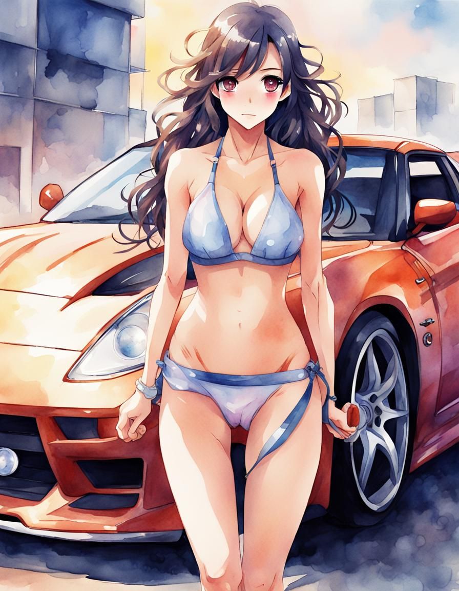 Watercolor Bikini Girl with Tuned Car at Sunrise
