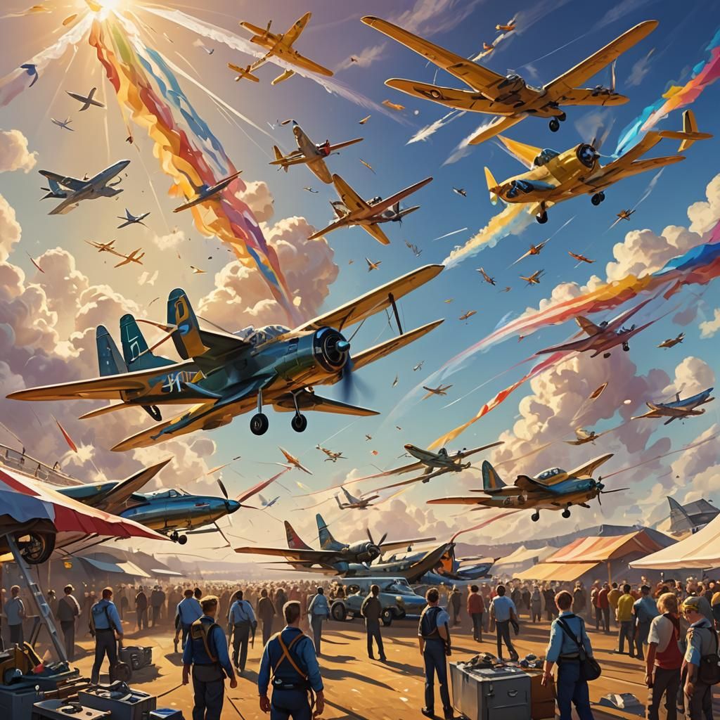 Airshow Volunteers in Vibrant Oil Painting Style