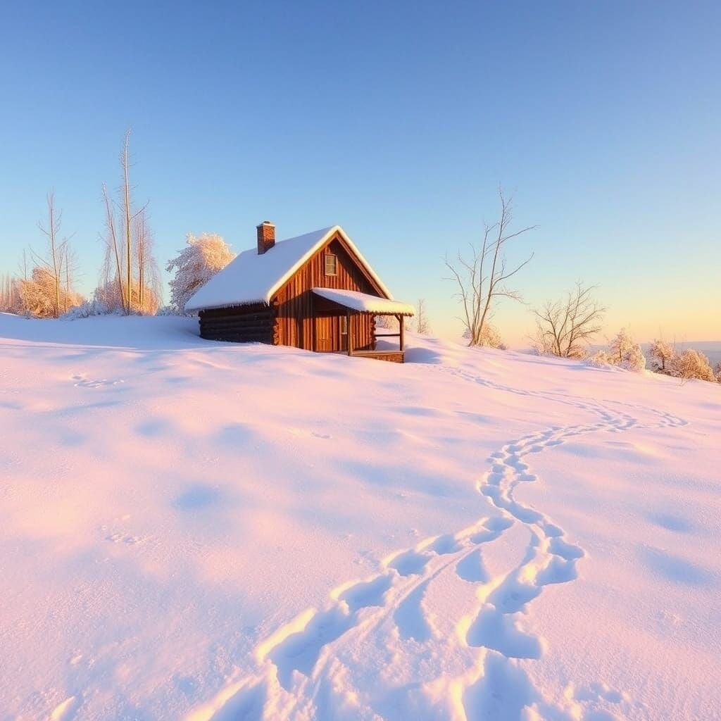 Snow-Covered Cabin at Golden Hour