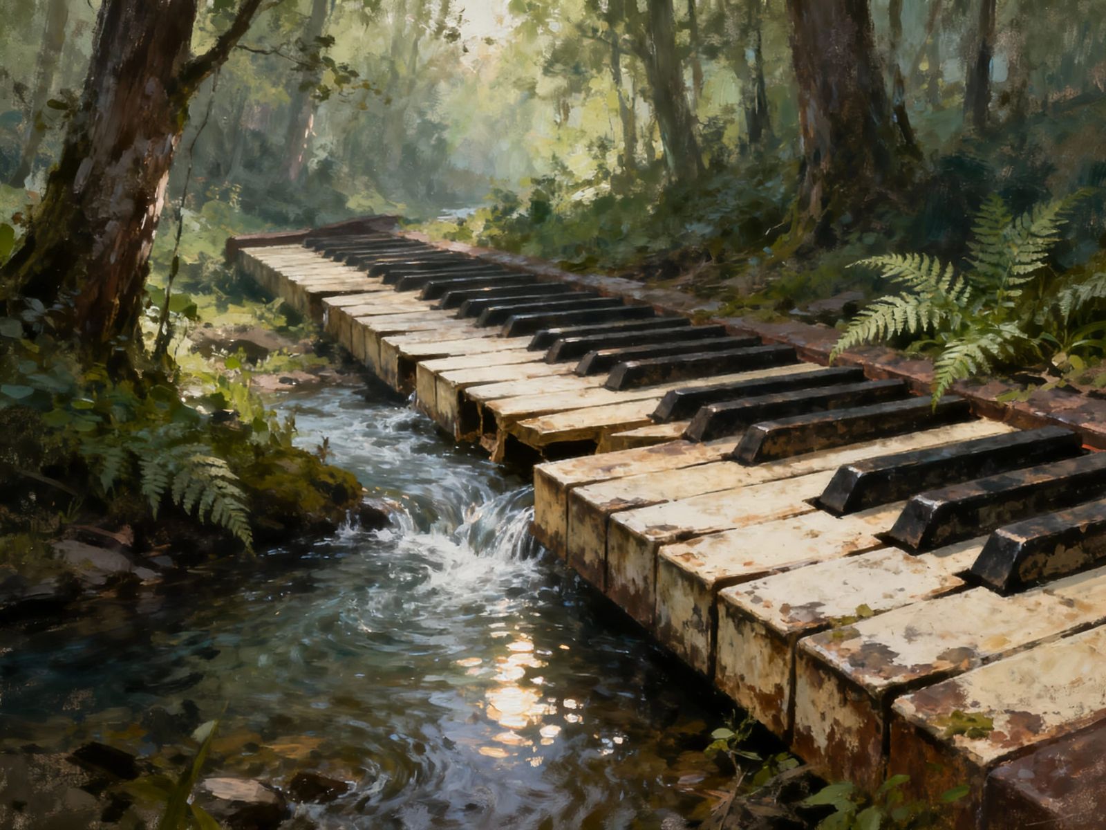 Surreal Forest Landscape Through Giant Piano Keys