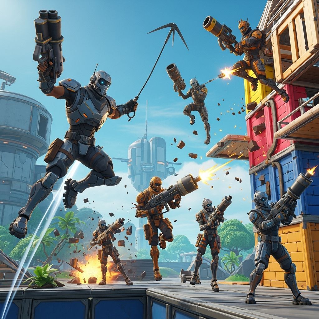 Fortnite-Style Battle Scene on Futuristic Island