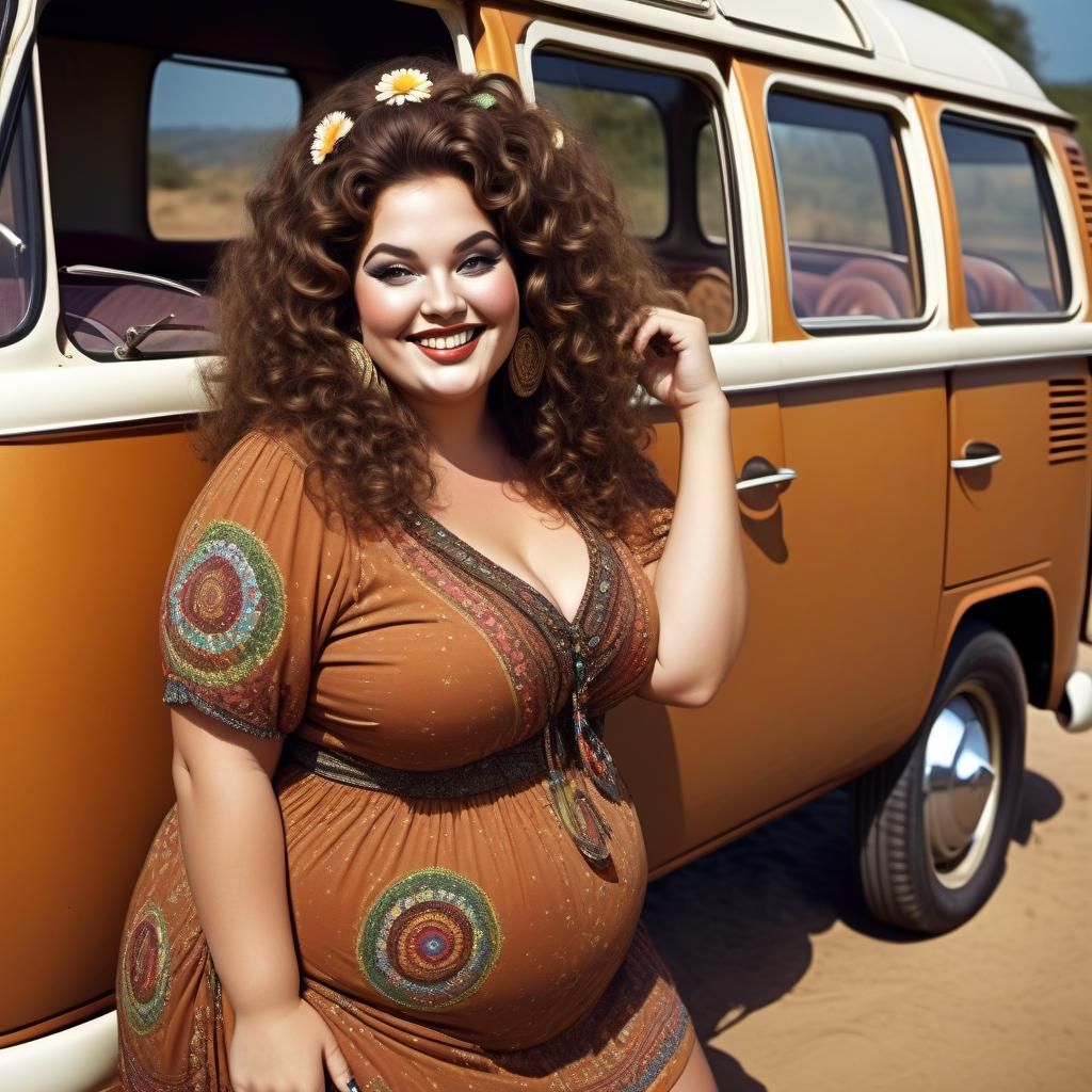 Curvy Hippie Woman with VW Bus