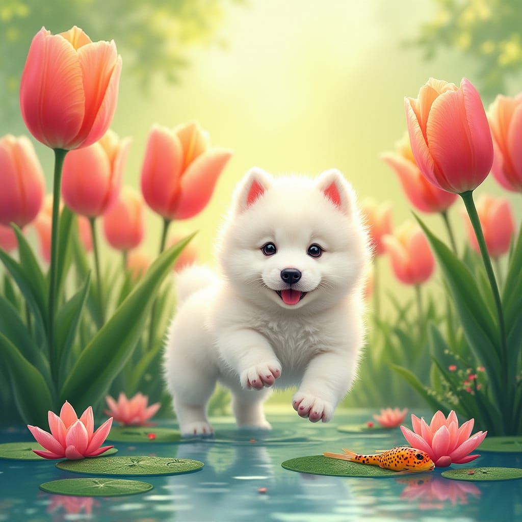 Samoyed Puppy's Dreamy Garden: A Watercolor Fantasy