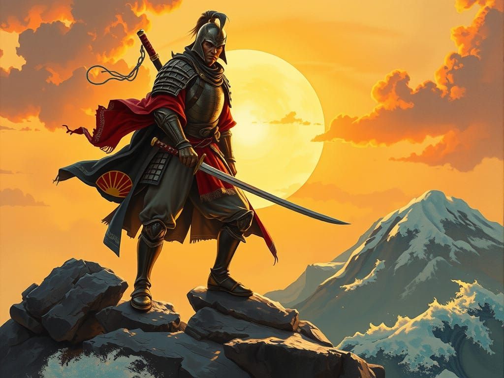Surreal Samurai Stands Tall in Rising Sun Glow