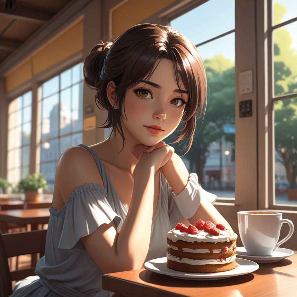 Anime Woman Enjoying Coffee in Sunlit Cafe