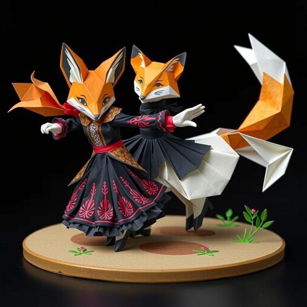 Cheerful Origami Lady Dances with Fox