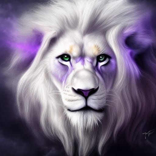 Magnificent White and Purple Lion in Dark Fantasy Art