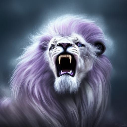 Magnificent White and Purple Lion in Dark Fantasy Style