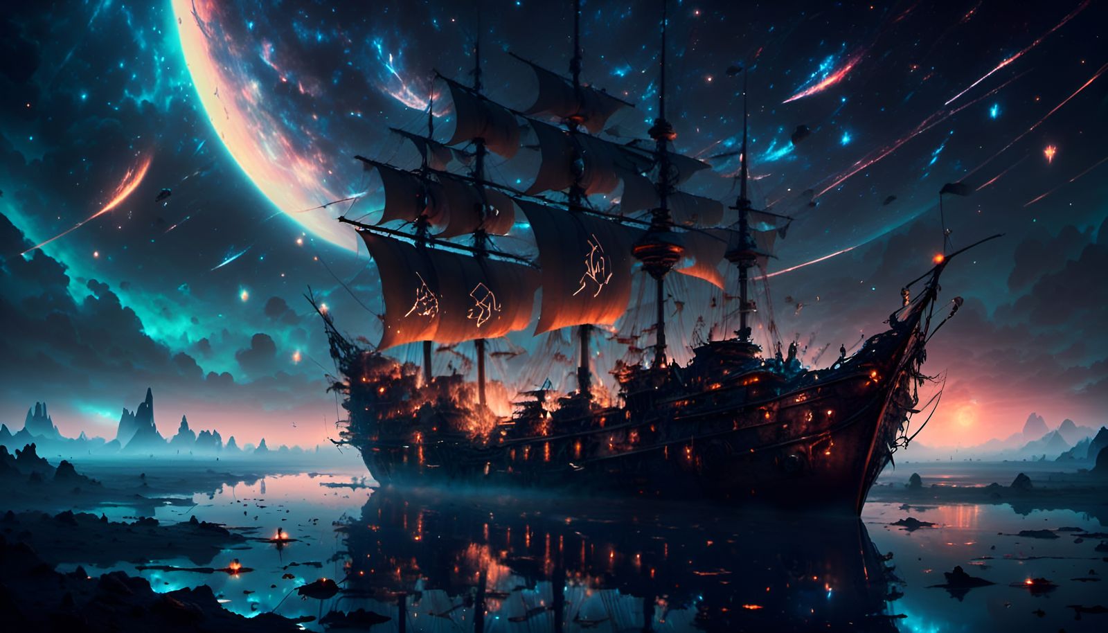 Space Pirate Galleon Sailing Among Stars