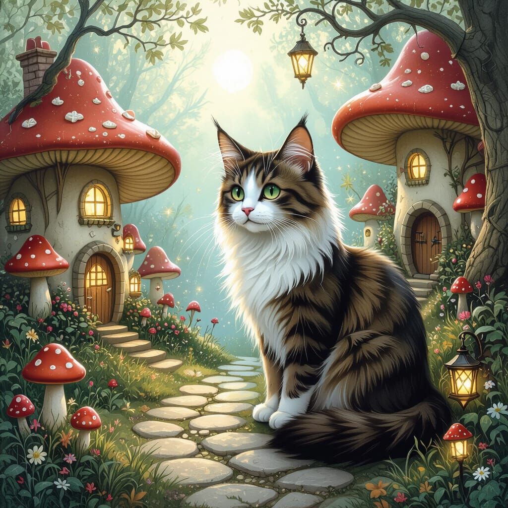 Cat Exploring Whimsical Fairy Village in Storybook Style