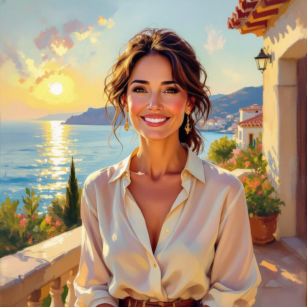 Elderly Woman on Mediterranean Terrace, Impressionistic Oil ...