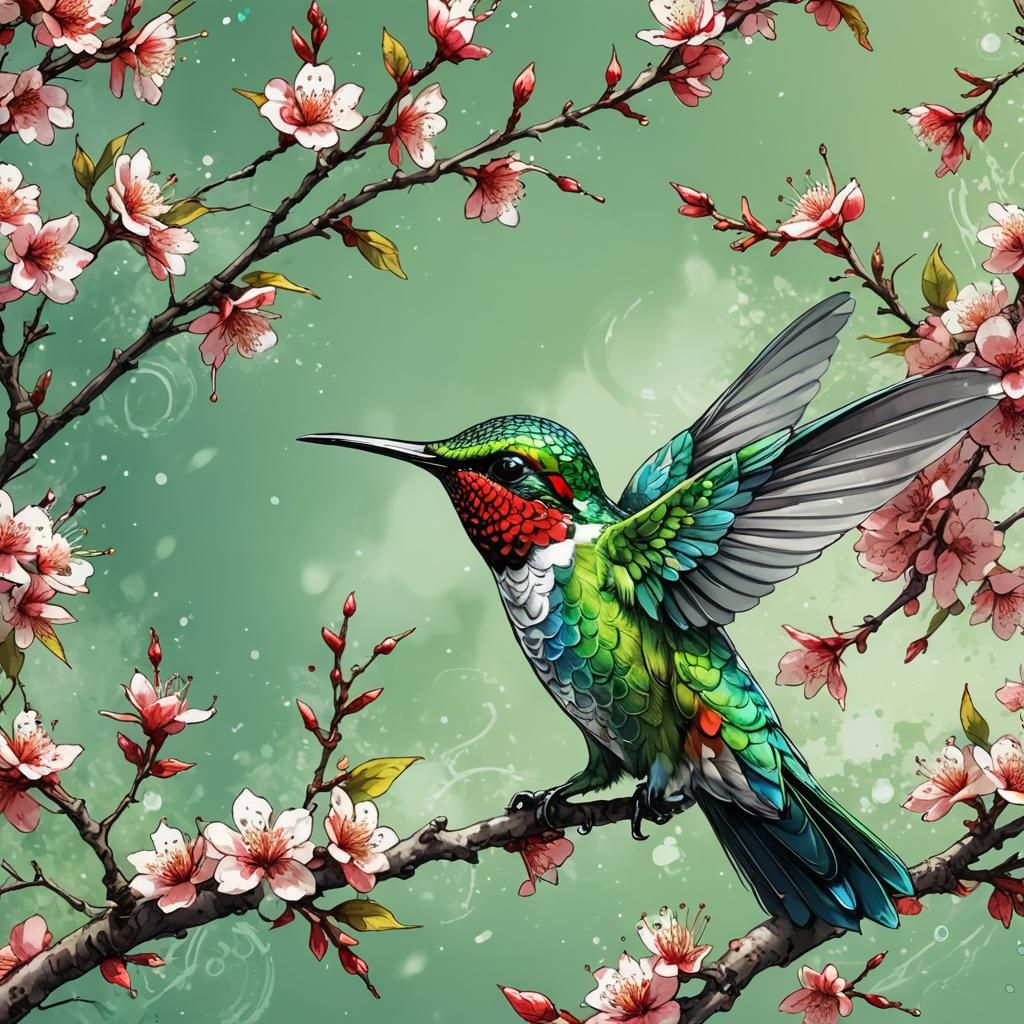 Hummingbird in Flight with Cherry Blossoms, Watercolour Styl...