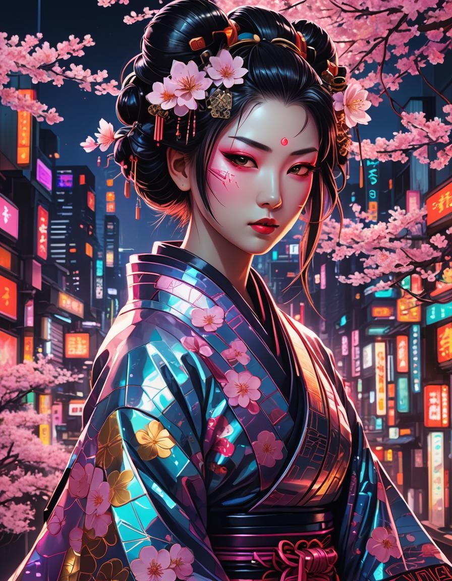 Cyberpunk Geisha with Holographic Blossoms in Neon Tokyo
