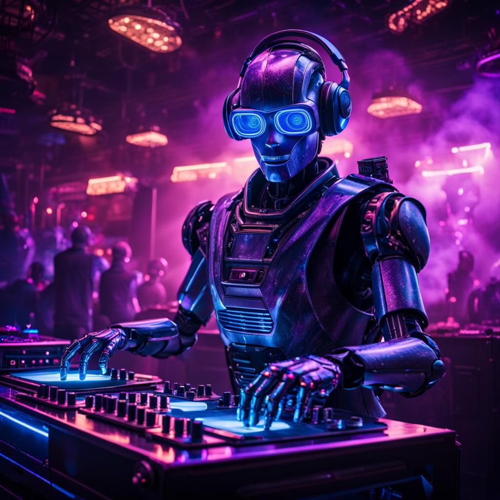 Robot DJ in Smokey Club with Neon Lights