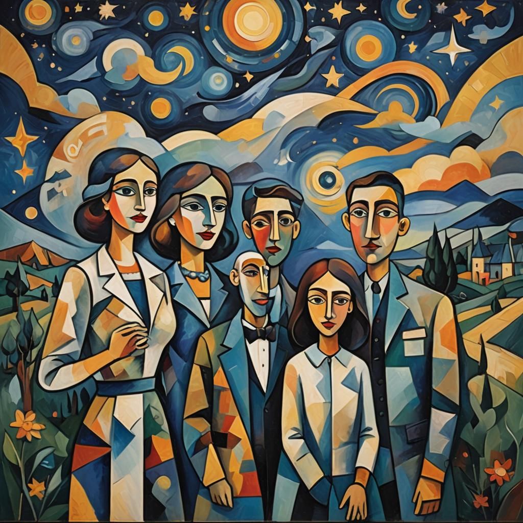Cubist People Under Starry Night Sky