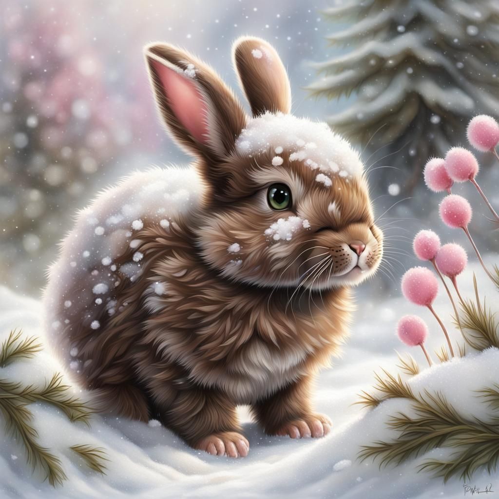 Fluffy White Bunny with Chocolate Eyes, Digital Art