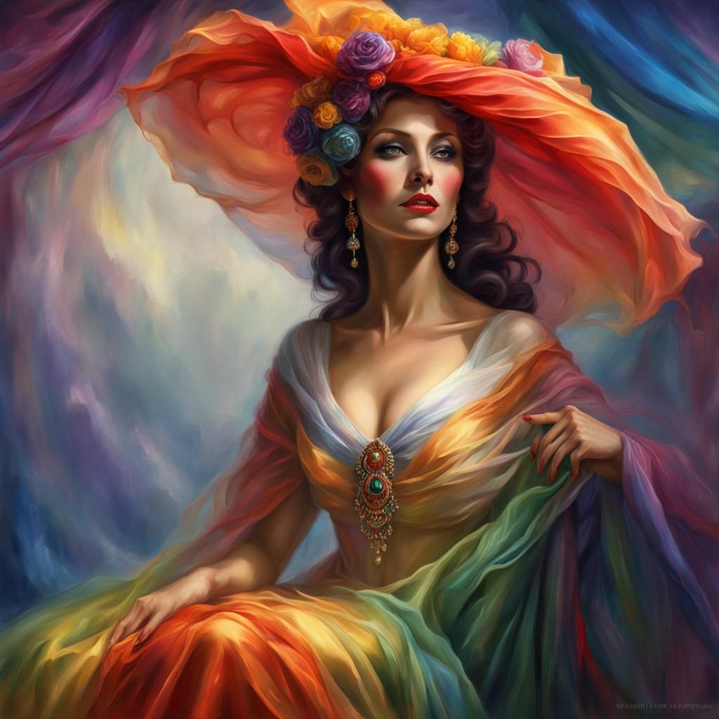 Glamorous Lady in Rainbow Nightgown: Detailed Matte Painting